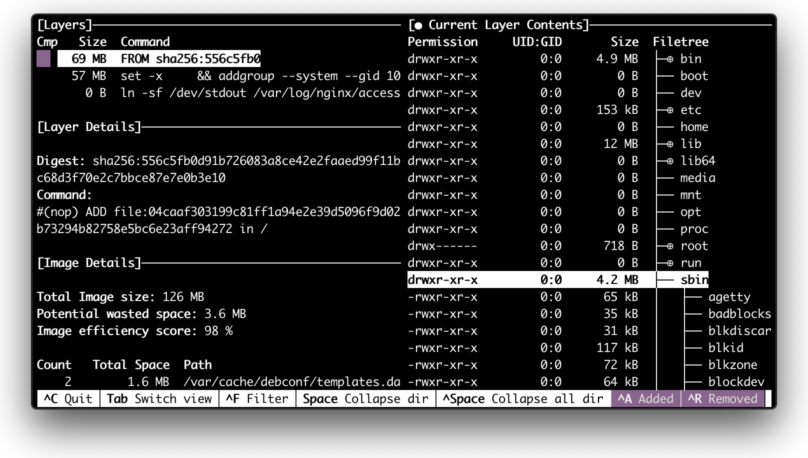 Inspecting nginx image with dive tool (screenshot)