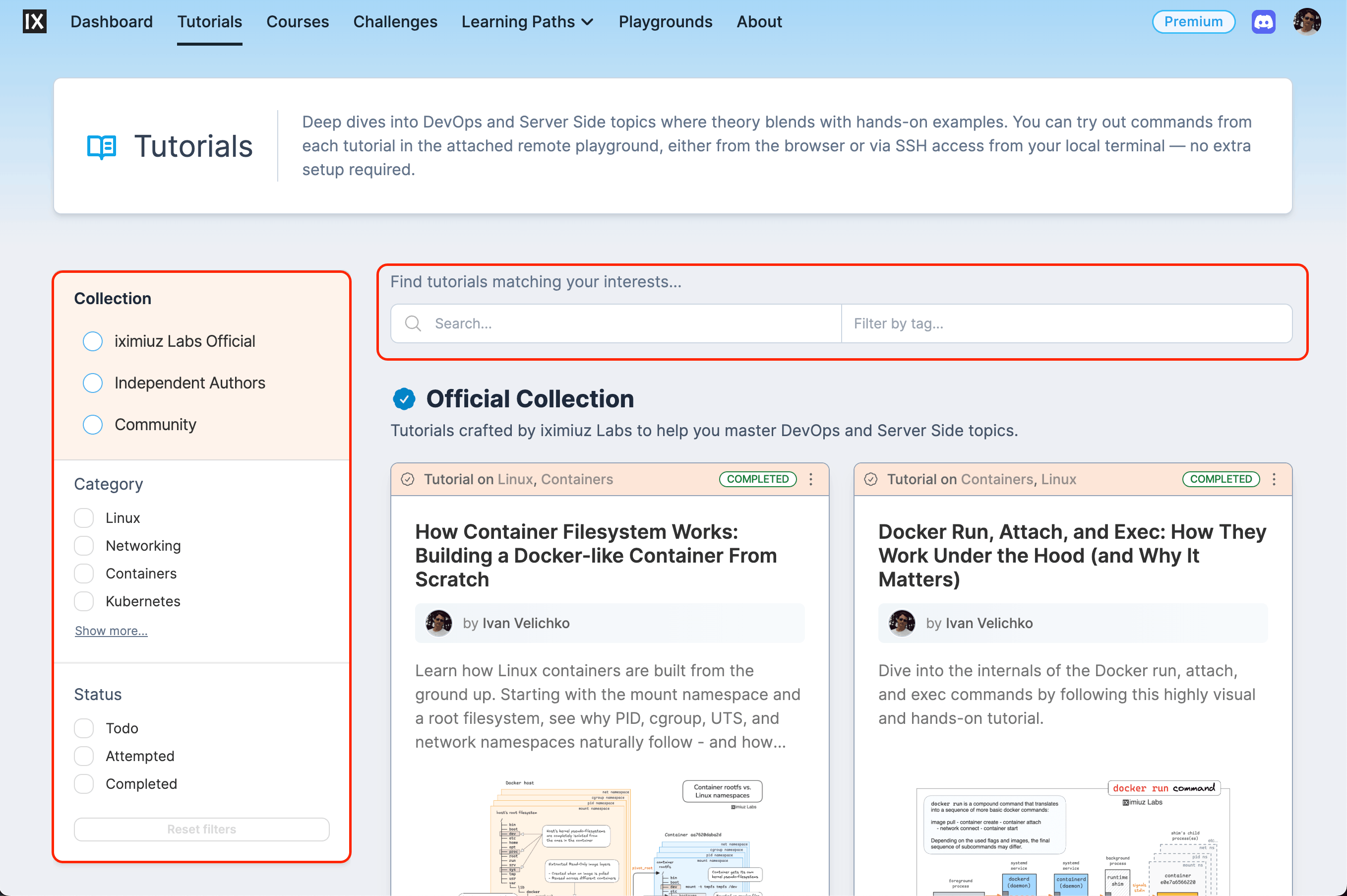iximiuz Labs' revamped content catalog experience (screenshot).