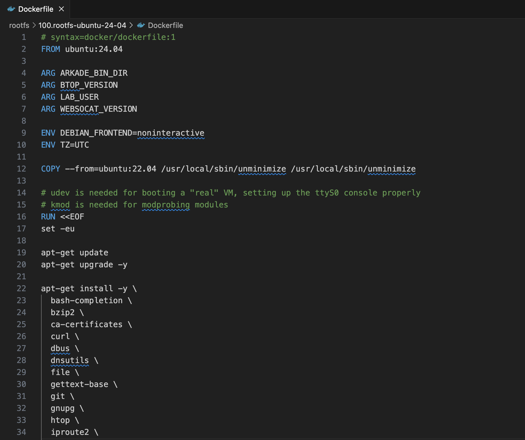 An official VM rootfs Dockerfile example (abridged).
