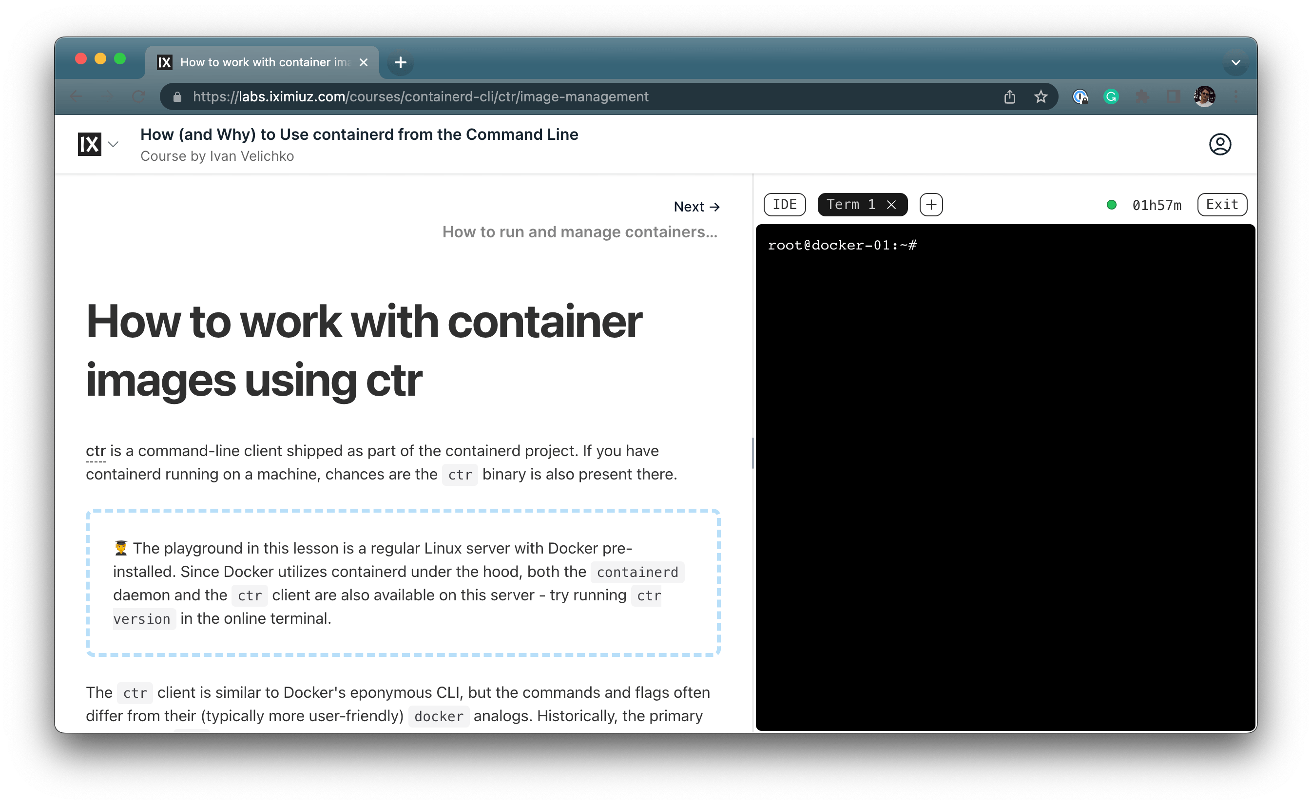 Blog post with an integrated web terminal on the side.